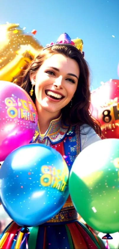 Joyful woman with colorful balloons at a festive celebration.