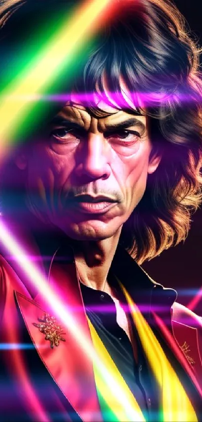 Vibrant celebrity portrait with neon lights and red background.