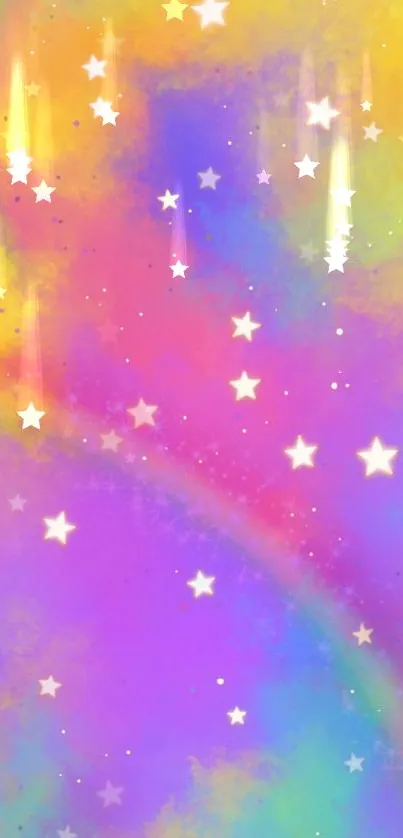 Colorful celestial wallpaper with stars and a crescent moon.