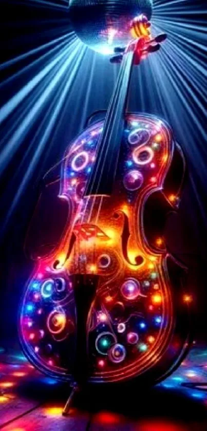 Cello with colorful disco lights and vibrant reflections.