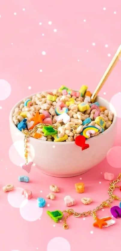 Bowl of colorful cereal with charms on pink background.