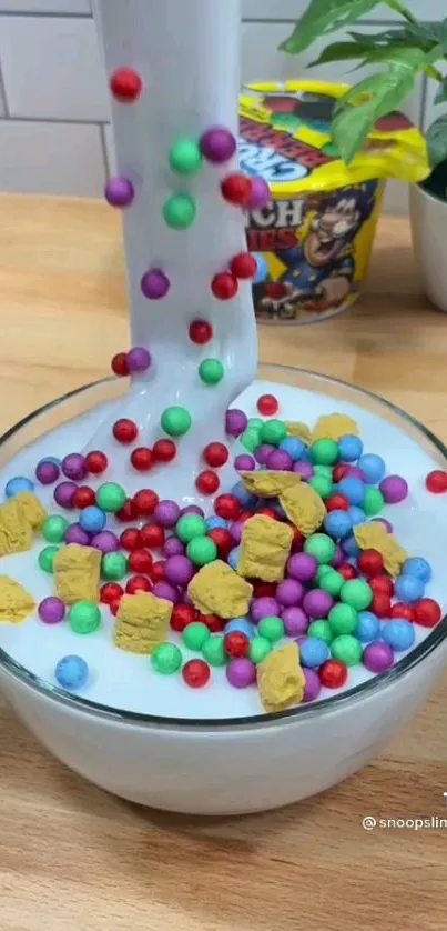 A vibrant mix of colorful cereal balls and milk in a bowl.