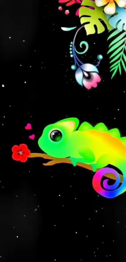 A colorful chameleon on a black background with vibrant floral design.