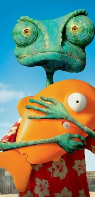 A chameleon in a tropical shirt hugging an orange fish under a blue sky.