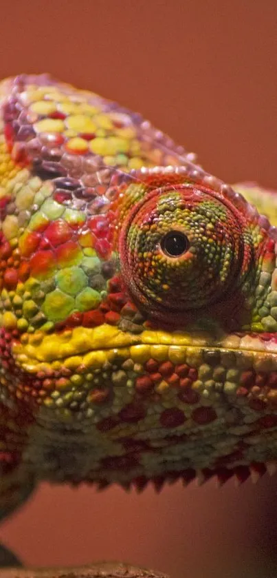 Close-up of a colorful chameleon showcasing vivid textured scales.