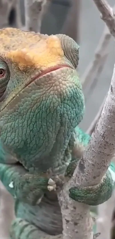 Vibrant chameleon perched on a branch in close-up shot.