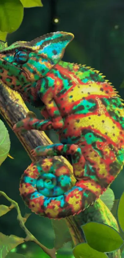 A colorful chameleon perched on a branch, surrounded by lush green leaves.