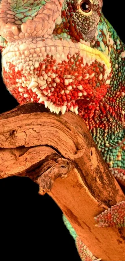 Colorful chameleon perched on a branch in vibrant detail.