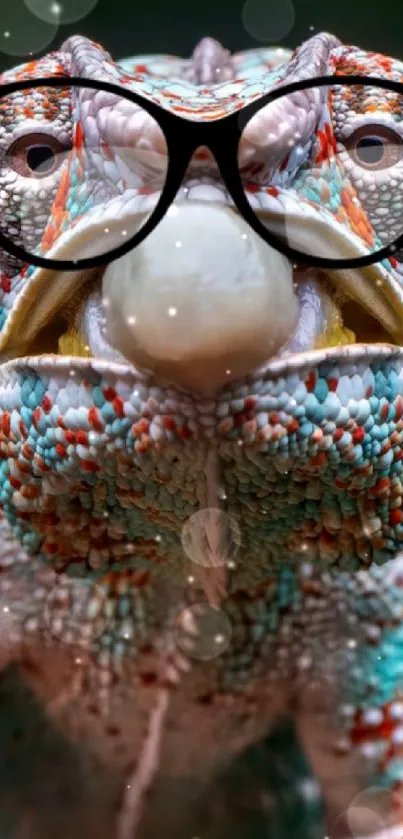 Chameleon wearing glasses with vibrant colors.