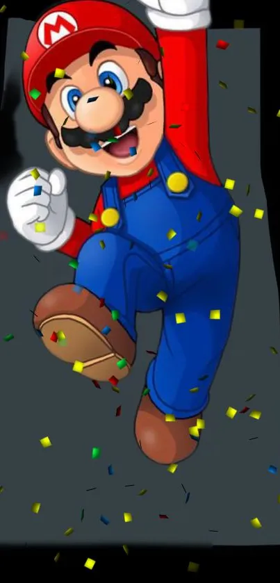 Gaming character surrounded by colorful confetti on dark background.