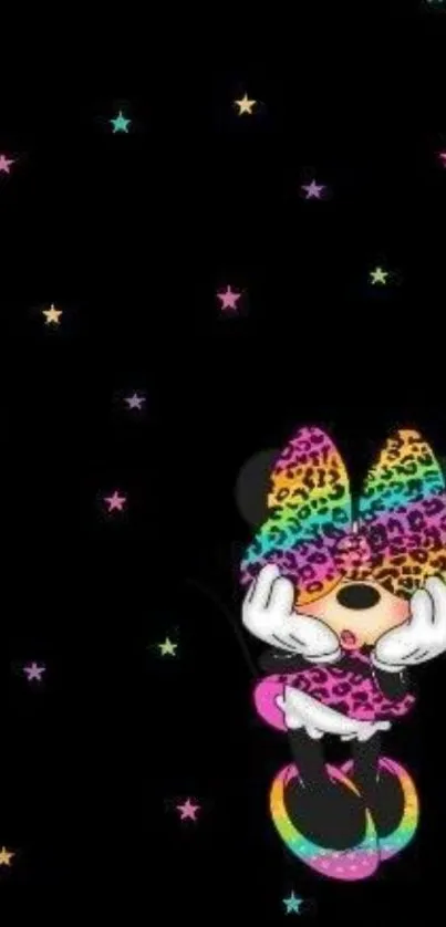 Colorful cartoon character with stars on black mobile wallpaper.