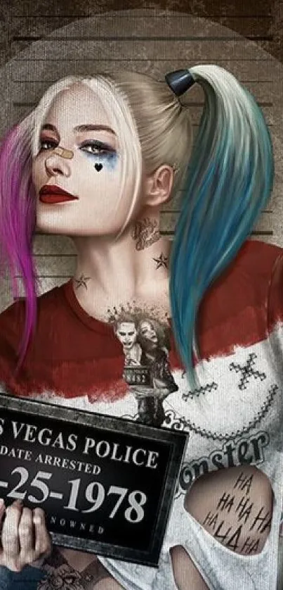 Colorful art of a character in a mugshot style for mobile wallpaper.