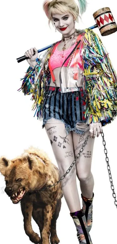 Character with hyena and colorful fashion, holding mallet.