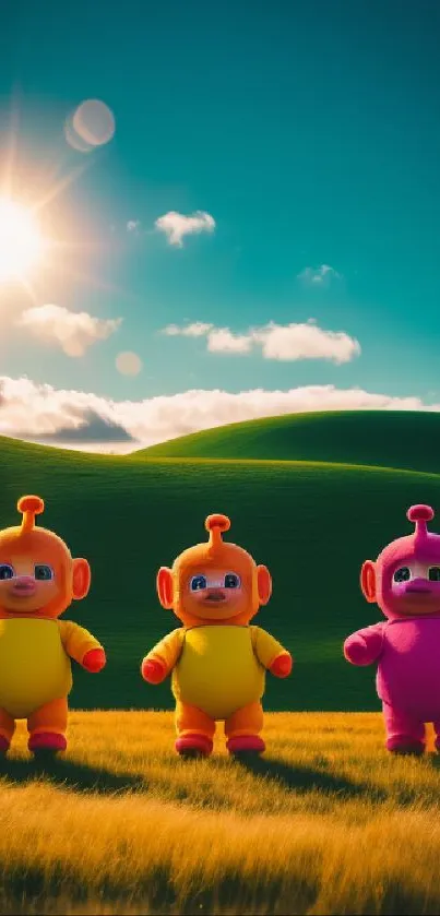 Cartoon characters in a sunny green field with vibrant colors.