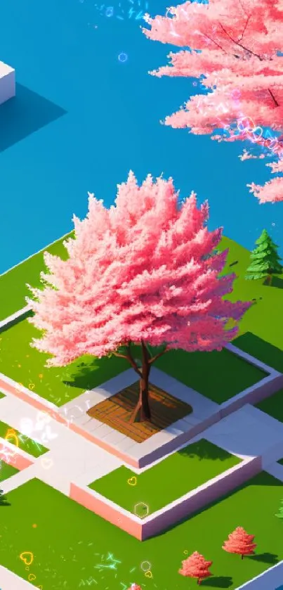 Vibrant cherry blossom tree art on green and blue background.