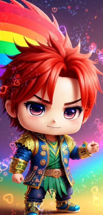 Chibi warrior with red hair and rainbow backdrop