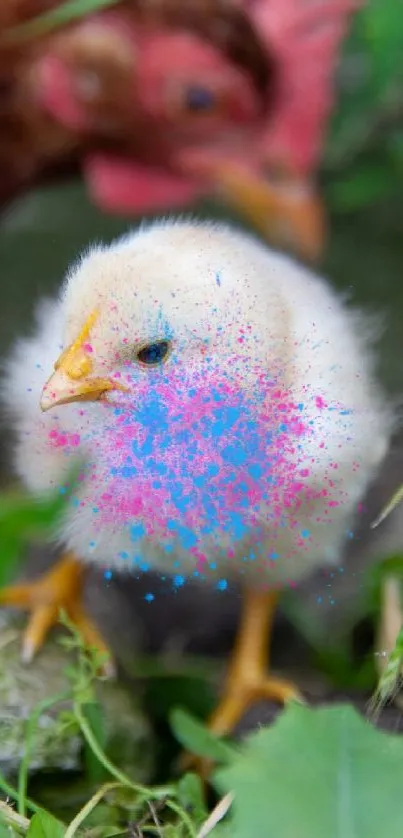 Fluffy chick splattered with colorful paint in a natural setting.