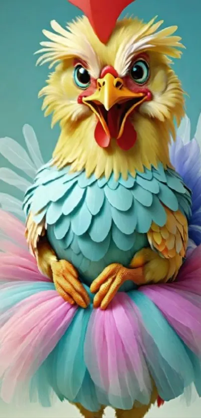 A whimsical chicken dressed as a ballerina with colorful feathers and a tutu.