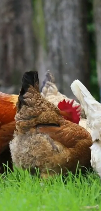 Colorful chickens on vibrant green grass in a rustic farm setting.