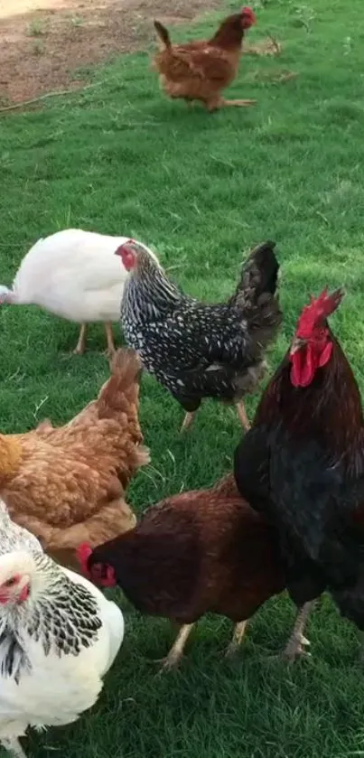 A diverse flock of chickens on bright green grass with vibrant colors.