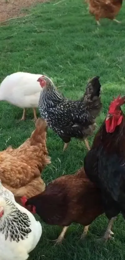 Chickens on green grass in a vibrant farm setting.