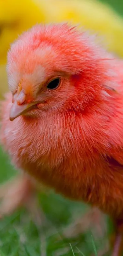 Vibrant red and yellow chicks on green grass wallpaper.