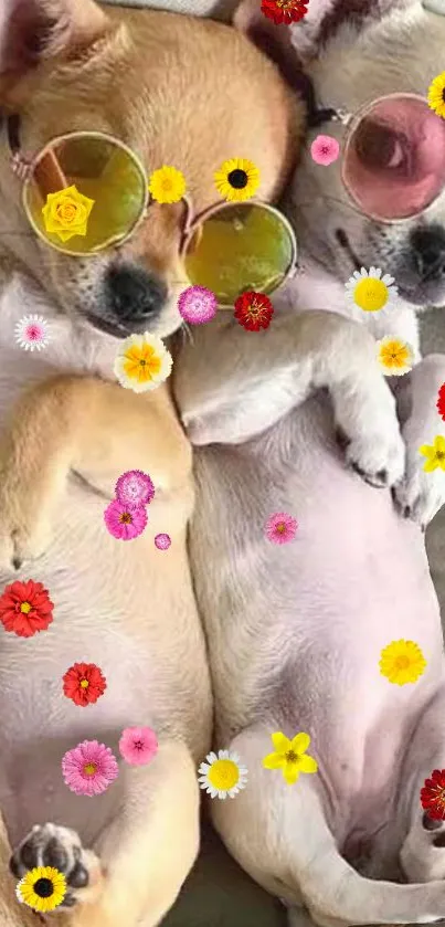 Chihuahuas lying with sunglasses and flowers.