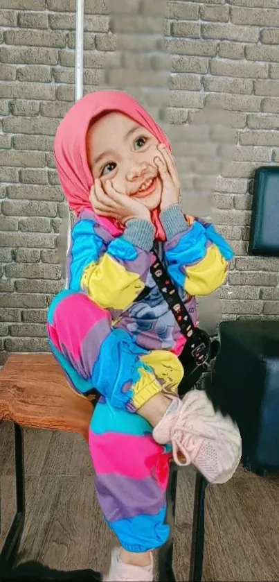 Child in colorful attire sitting in a cozy space with a joyful expression.