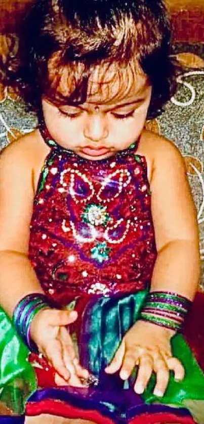 Child in a colorful traditional outfit sitting on a patterned couch.