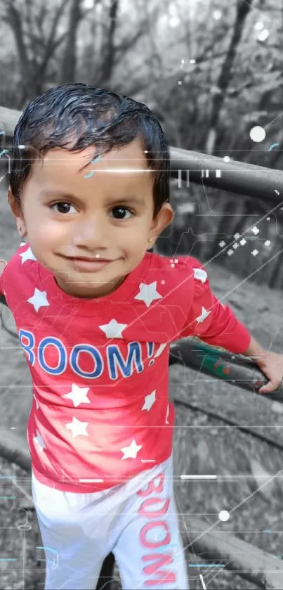 Child in red starry shirt smiling outdoors.