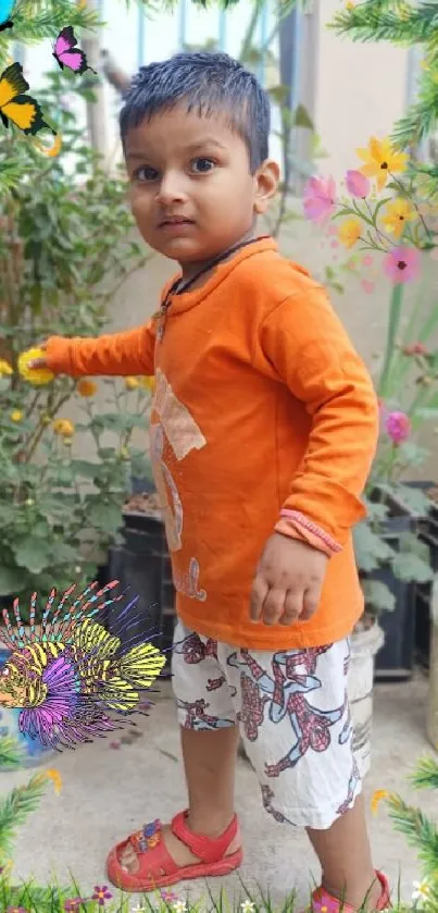 Child in orange shirt surrounded by colorful flowers and butterflies in a garden.