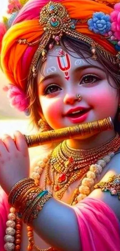 Child deity playing flute with vibrant colors and flowers.