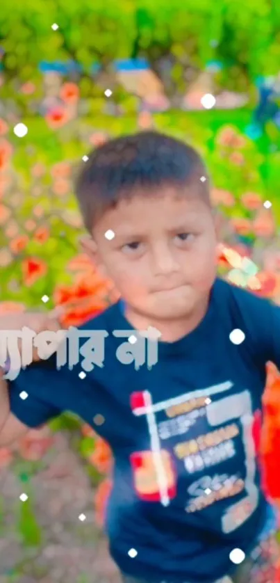 Child standing in a vibrant flower field with a playful expression.