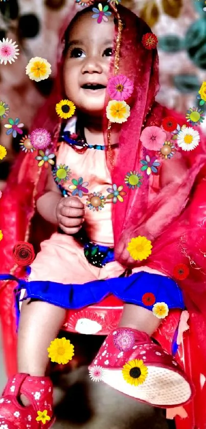 Smiling child in colorful attire with floral decorations.