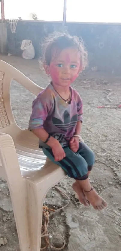 Colorful child with face paint seated on a chair in a rustic setting.