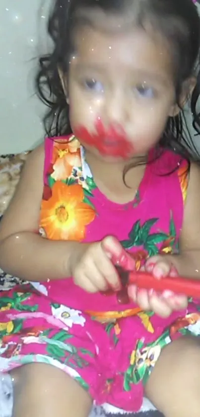 A playful toddler with bright red lipstick on cheeks.