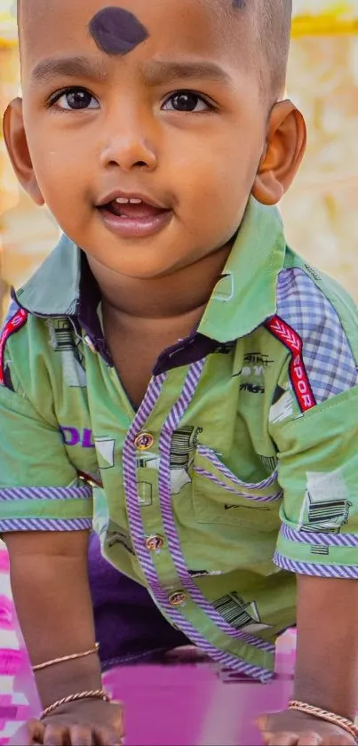 Joyful child in green shirt on colorful background.