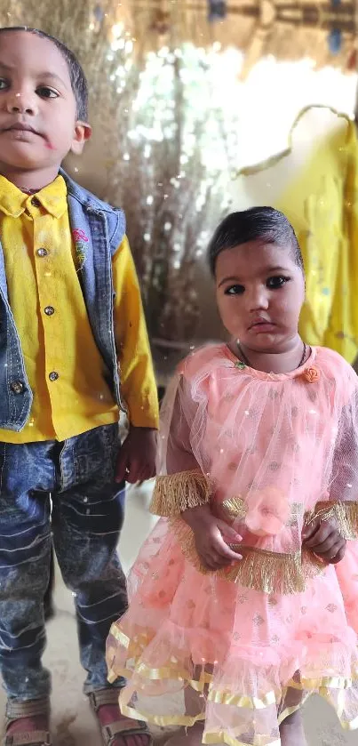 Children in vibrant outfits posing cheerfully indoors.