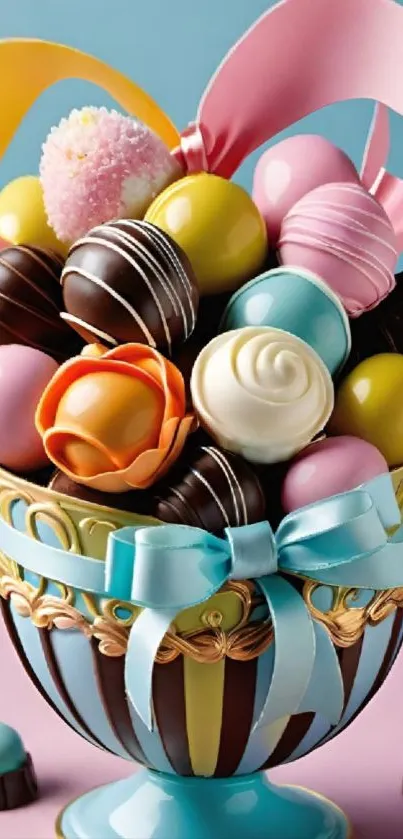 Vibrant chocolate display with ribbons in a decorative bowl.