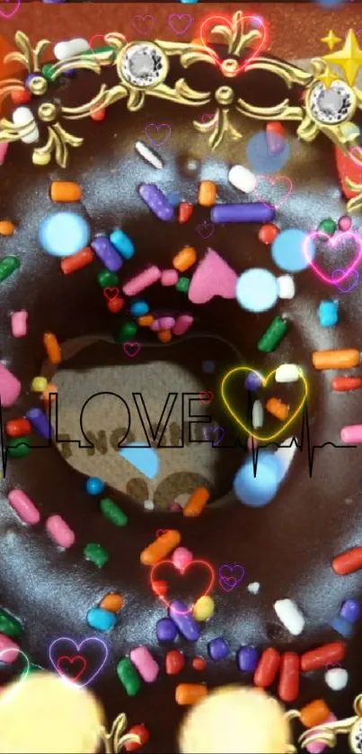 Chocolate donut with colorful sprinkles and heart motifs.