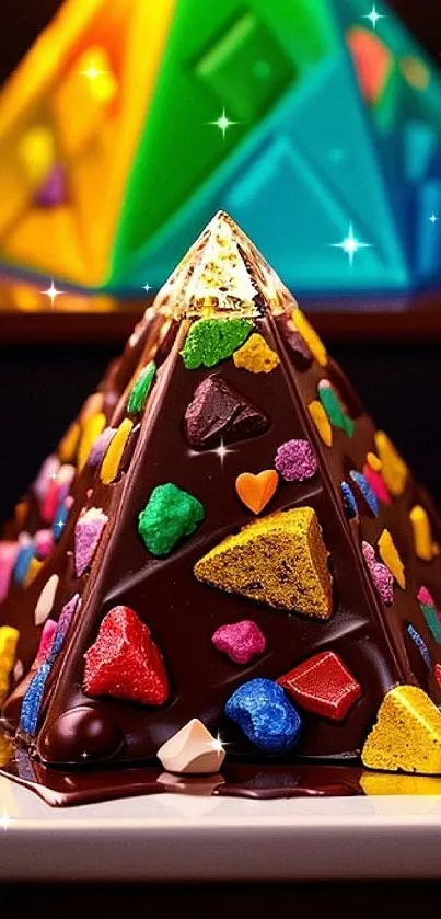 Colorful chocolate pyramid with candy on display.
