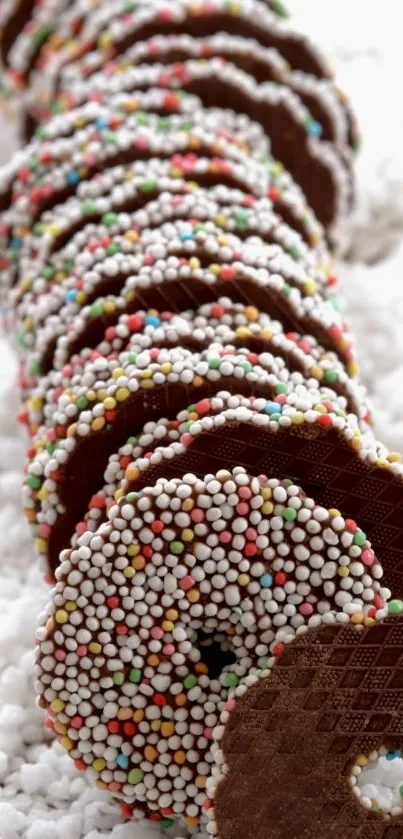 Chocolate discs with colorful sprinkles in a vibrant pattern.