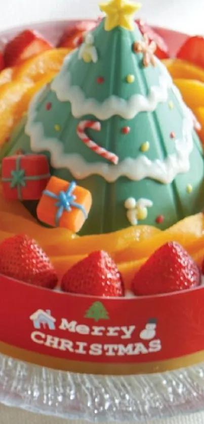 Festive cake with Christmas tree decor, strawberries, and peaches.