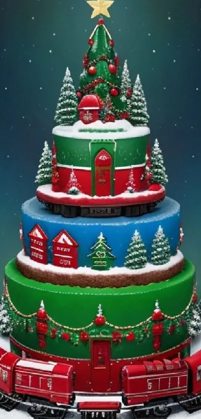 Christmas cake with toy train and decorations in green, red, and blue.