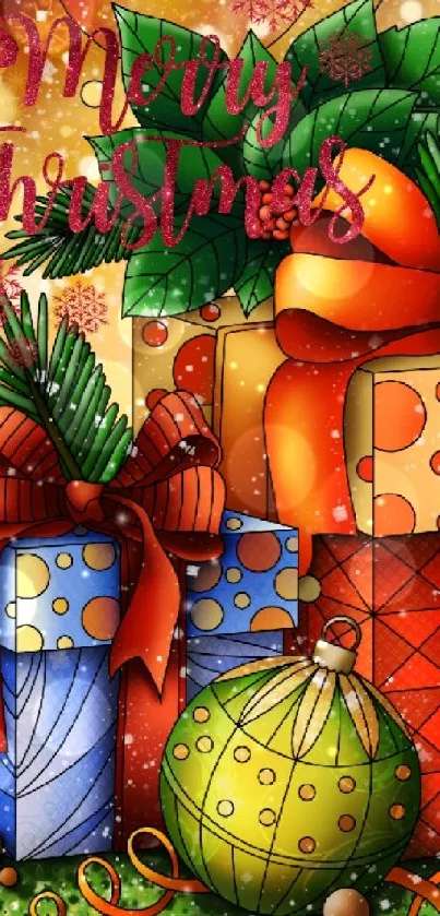 Festive Christmas wallpaper with gifts and ornaments.