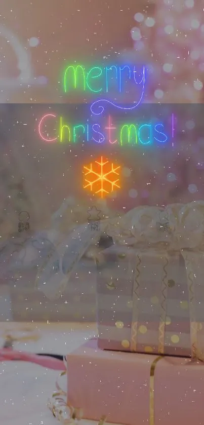 Colorful neon 'Merry Christmas' text above wrapped gifts.