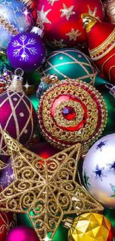 Vibrant Christmas ornaments and a golden star.