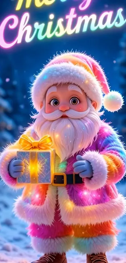 Colorful Santa Claus with gift in snowy forest