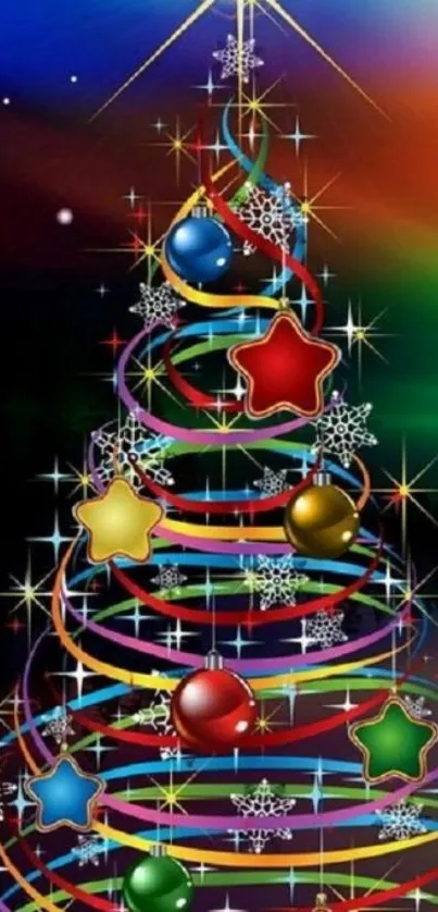 Colorful Christmas tree with vibrant lights and stars.