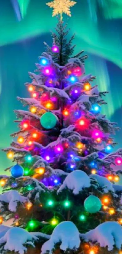 Vibrant Christmas tree with lights under Northern Lights.